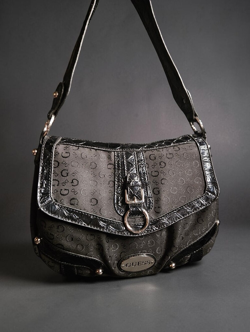 GUESS Vintage Monogrammed Shoulder Bag- Black
